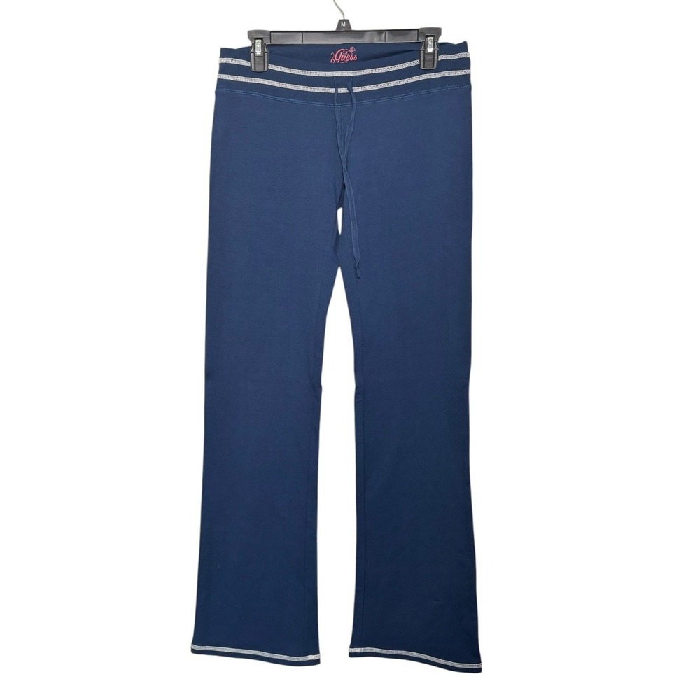 Guess Flare Yoga Lounge Pants Navy Rhinestone Y2K Size M Embellished Drawstring